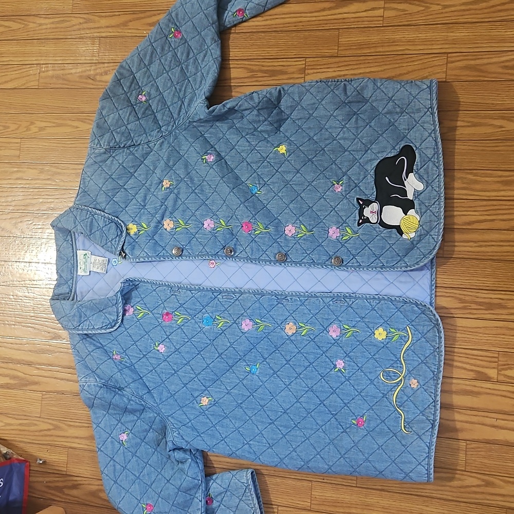 Vintage Quaker Factory Quilted Denim Coat with embroidered flowers and cat